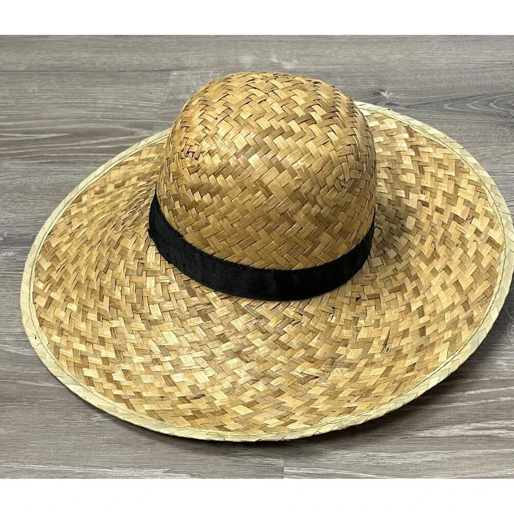Sun Hat Wide Brim Woven Beige Straw Weave Black Ribbon‎ Band Beach Shade Outdoor